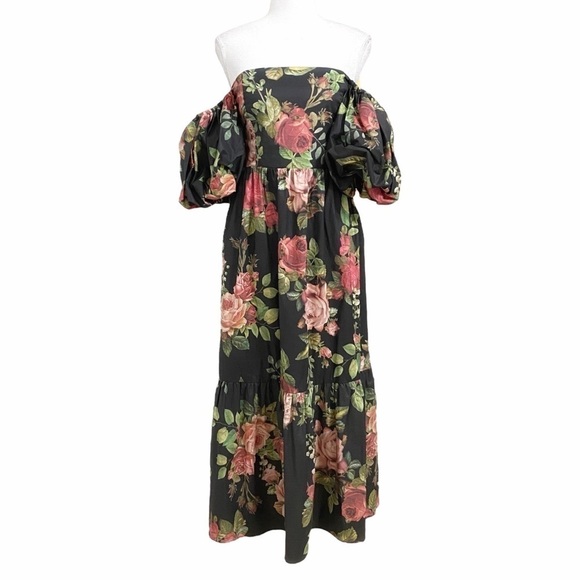 NWT ESPECIA VL-LILY BLACK FLORAL PUFFY PEASANT SHORT SLEEVE TIERED MAXI DRESS - Picture 1 of 8